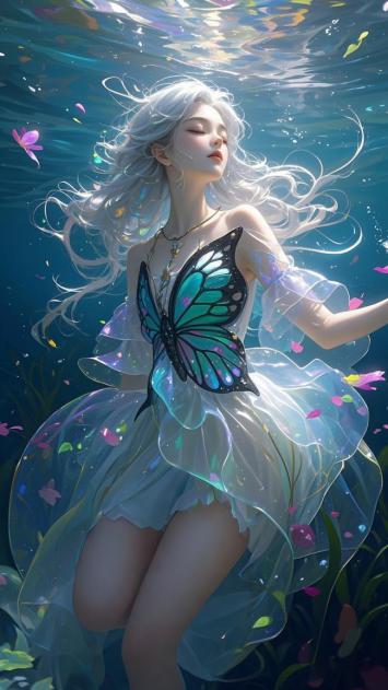 水下蝶翼仙子：梦幻光影中的银发少女