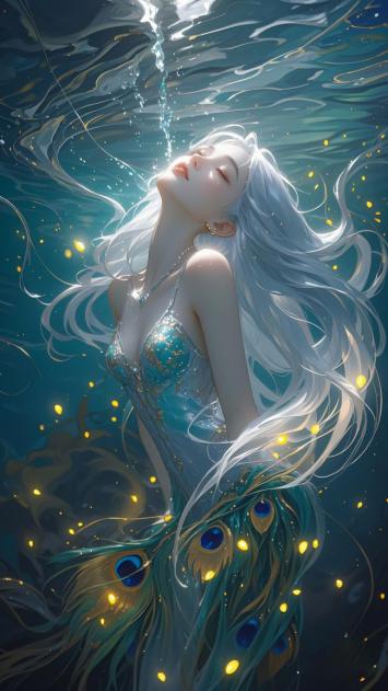 银发美人鱼沉浮深海，孔雀羽裙映光如梦