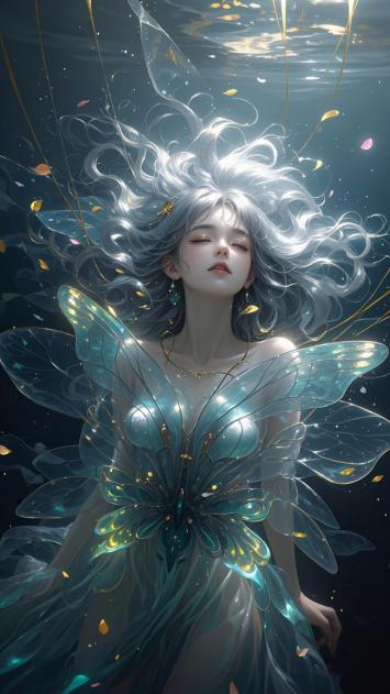 深海蝶翼精灵：银发少女的梦幻水下世界