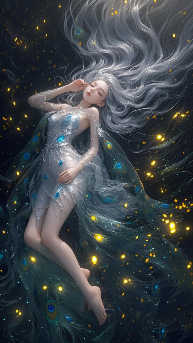 银发仙子浮空沉眠，孔雀羽衣映星尘
