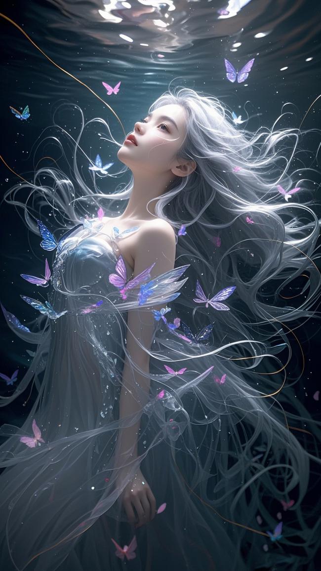 水下蝶影银发少女梦幻写真