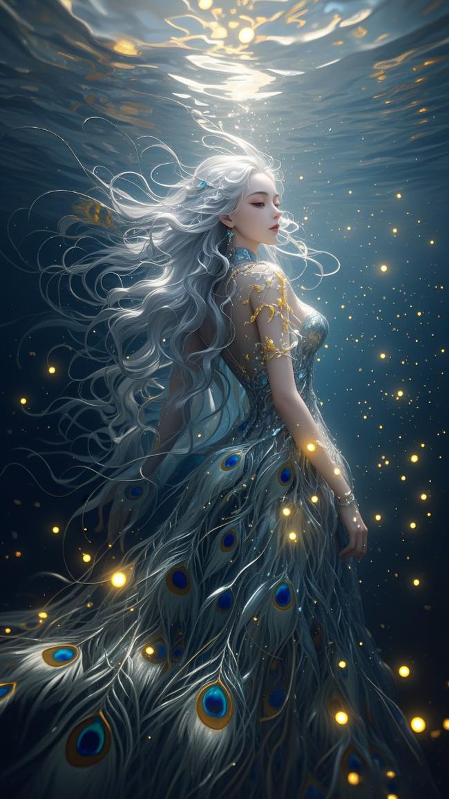 深海仙子：孔雀羽裙与星光共舞