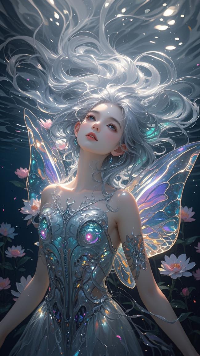 银发精灵水下绽放，虹彩翅膀映星光