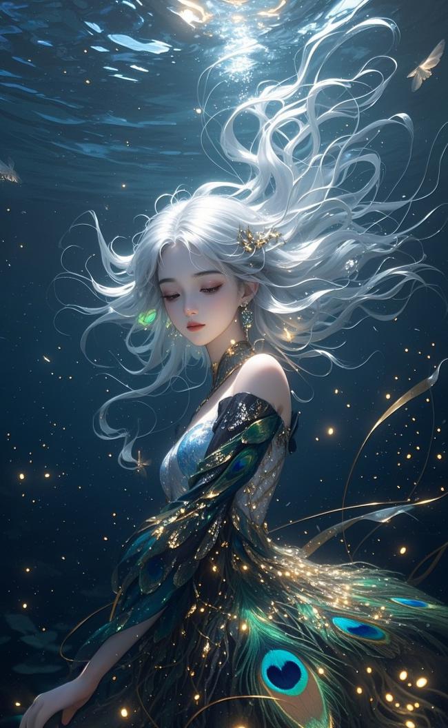 银发仙子深海舞，孔雀羽裙映光尘