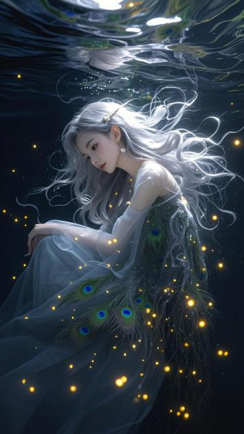 一位银发飘逸的少女身着轻盈透明长裙，裙摆融入孔雀羽毛元素，于深海中优雅漂浮。水面