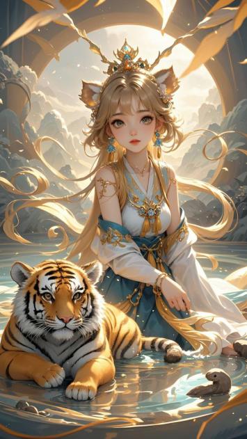 仙侠少女与虎共浴灵泉图