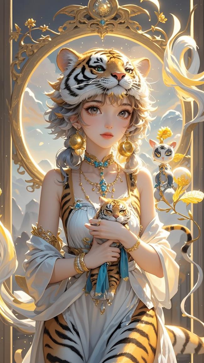 虎神少女持幼虎插画，奇幻东方美学