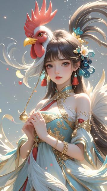 仙侠少女与神鸡共舞，新国潮插画唯美登场