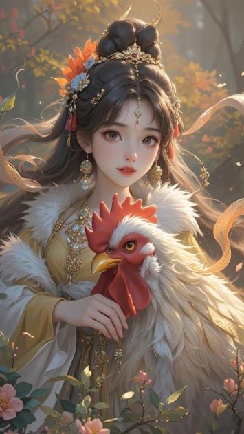 古风少女抱鸡立秋林，新国潮插画唯美写真
