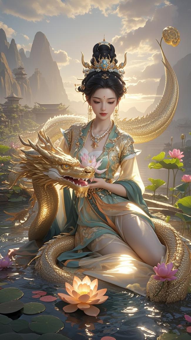 仙妃抱金龙坐荷塘·写实神话场景