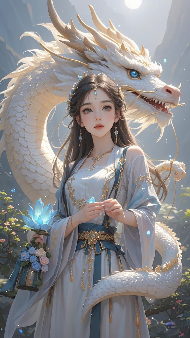 仙侠少女与白龙共舞云端画卷