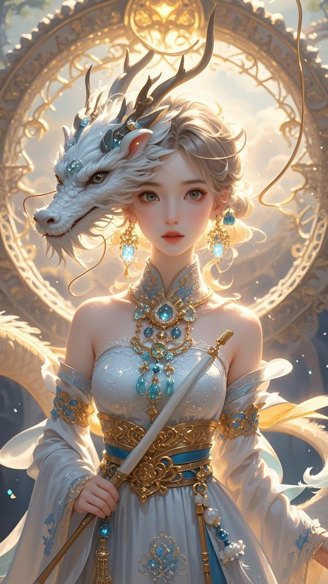 仙侠龙首少女持剑立光环中