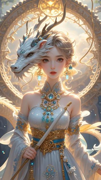 仙侠龙首少女持剑立光环中