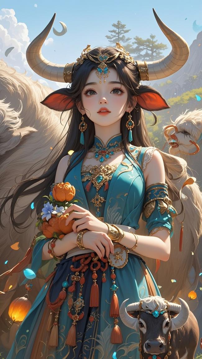 牛首仙姬持花立山间，新国潮仙侠风插画