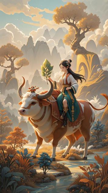 古风少女骑神牛游仙境山水间