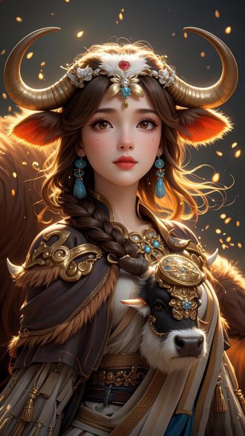 牛首女神古风写实插画，神韵庄严又柔美