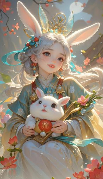 兔耳汉服少女春日花间图
