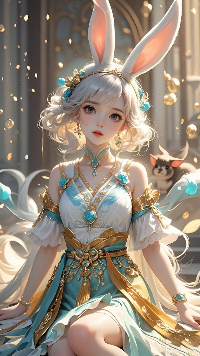 兔耳仙子古风立绘，蓝金华服梦幻登场