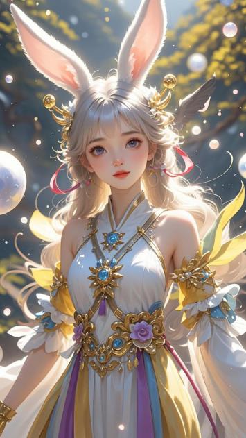 仙侠兔耳少女汉服插画，梦幻森林光斑场景