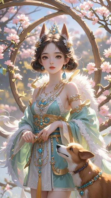 仙侠少女与灵犬共赏樱花拱门