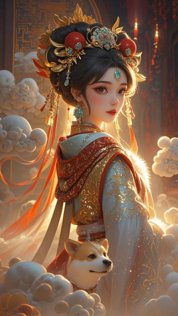 古风仕女携神犬立云端，华服霓裳映仙霞