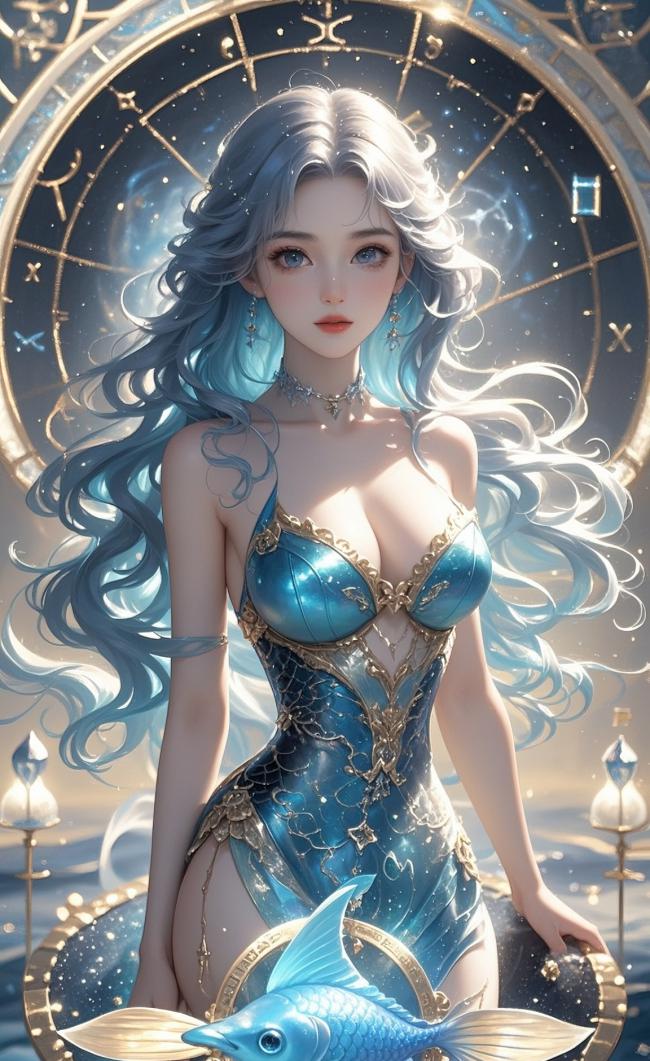 星空女神奇幻插画，蓝金华服伴鱼形装饰