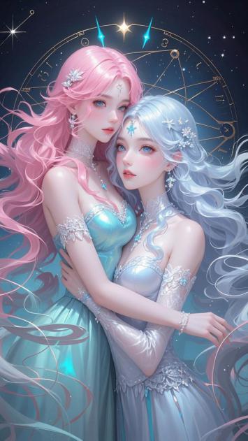 双生女神星轨共舞奇幻插画