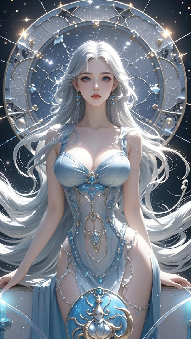银发女神立于星轨圆环前，奇幻魔法风格插画