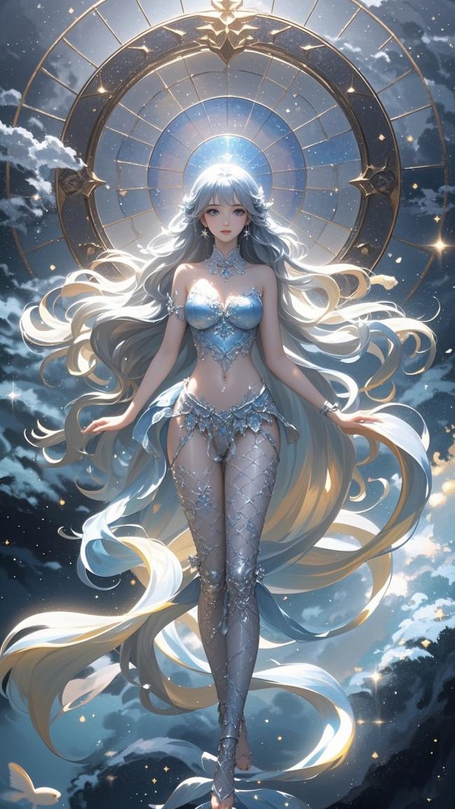 星空女神银发飞舞奇幻插画