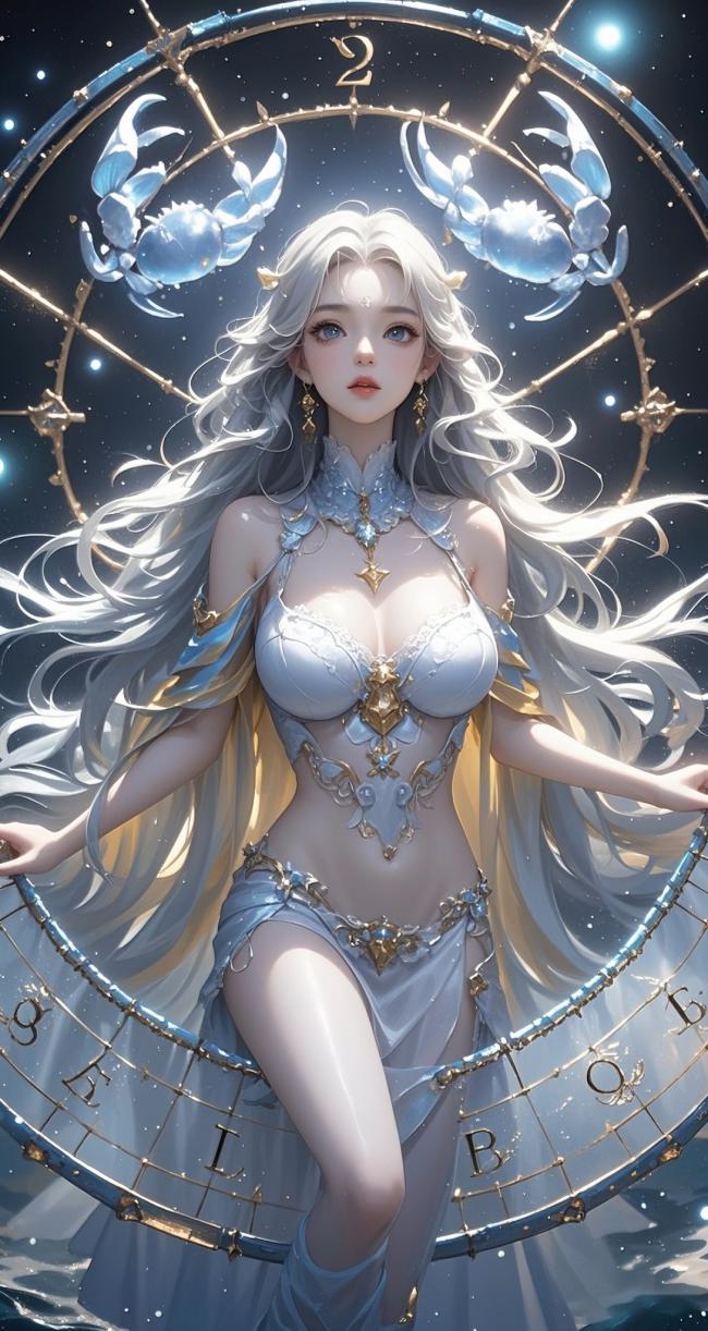 星座女神3D渲染插画，银发璀璨幻境