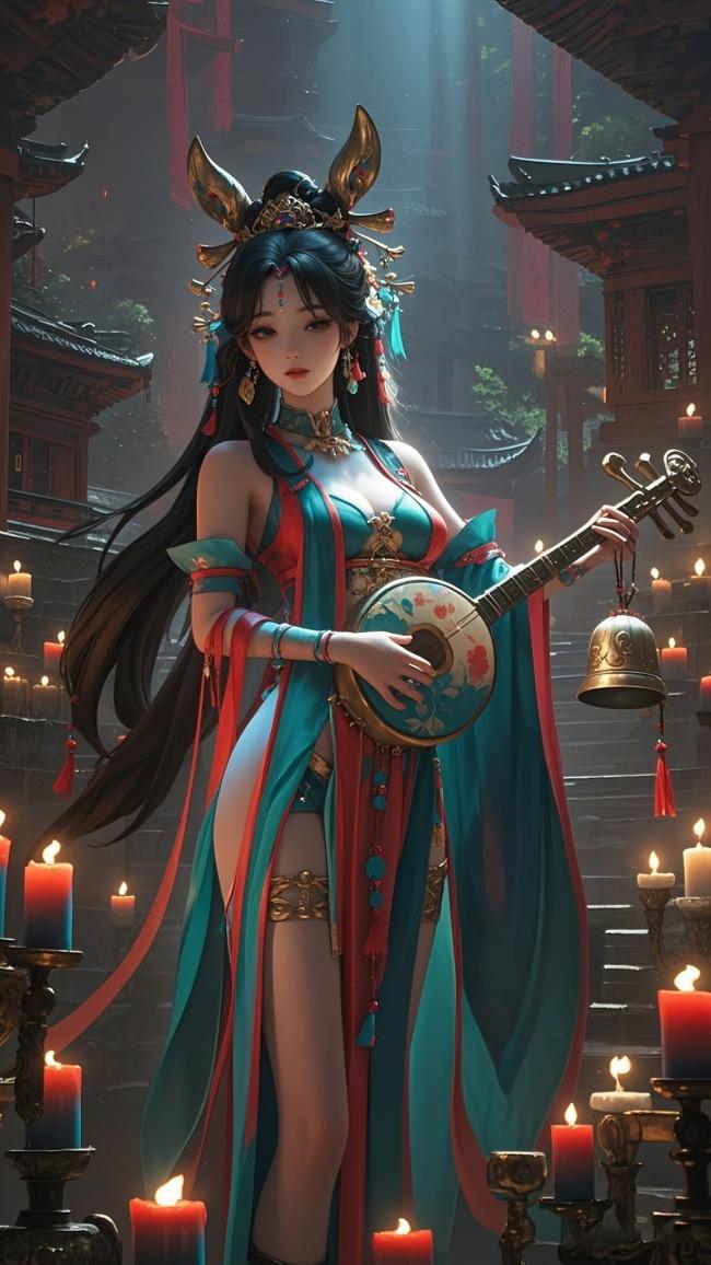 古风仙侠少女持琵琶烛影古寺图