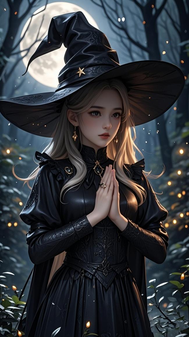 月夜巫女写实插画