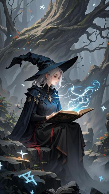 银发女巫夜读魔法书，森林秘境幻光萦绕