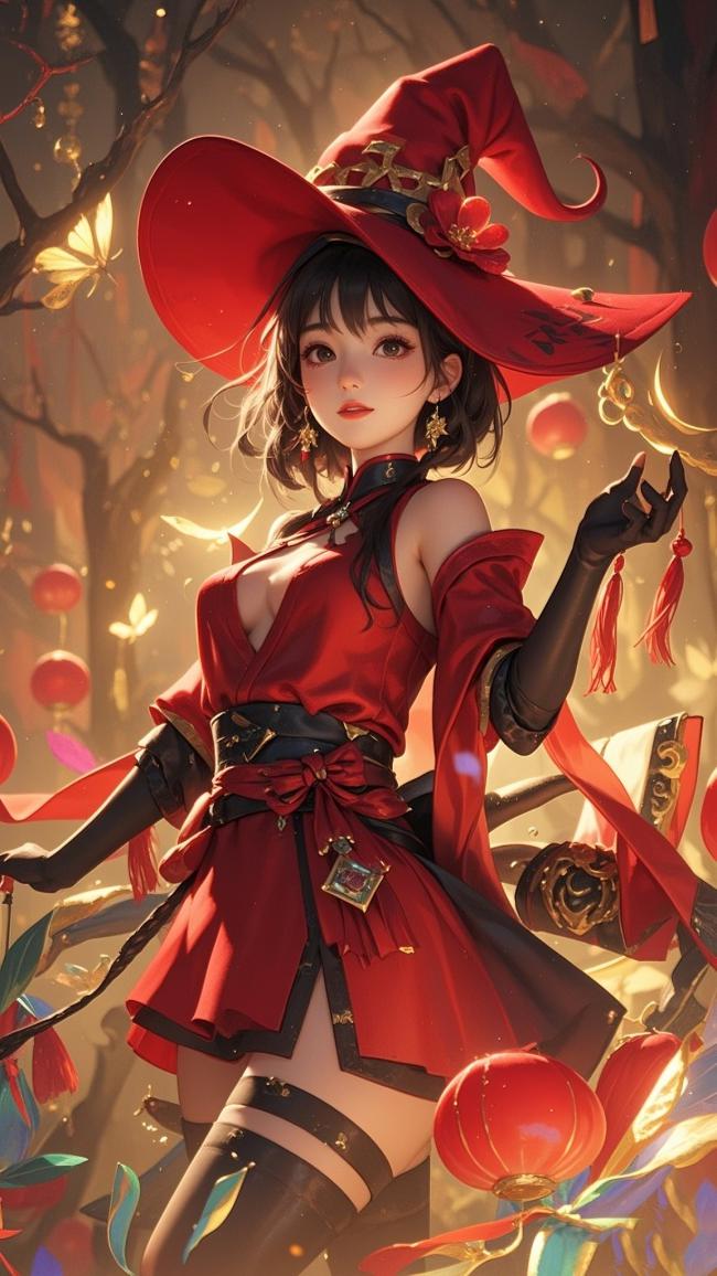 红衣女巫灯笼夜景动漫插画