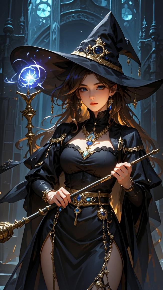 黑袍女巫持魔杖立于哥特教堂内