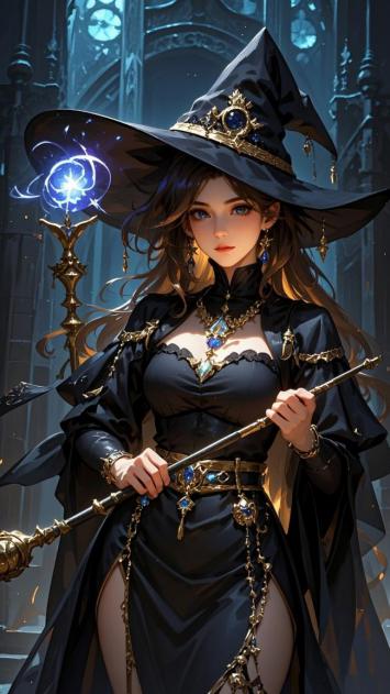 黑袍女巫持魔杖立于哥特教堂内