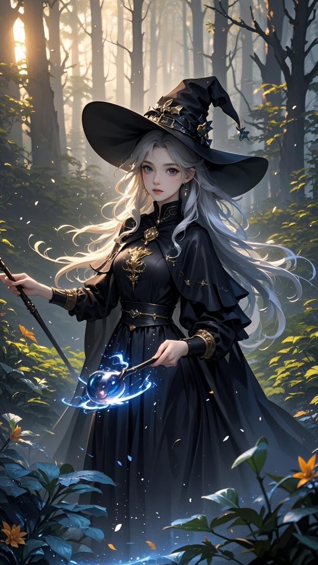 晨雾森林中的银发女巫魔法插画