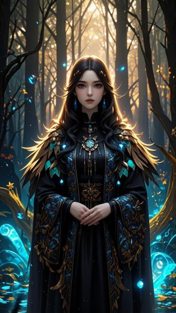 暗黑女巫立于魔法森林，蓝金光芒交织奇幻世界