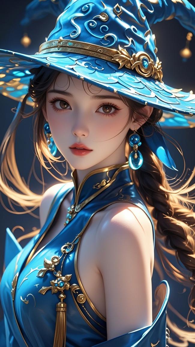 蓝衣仙子巫师帽写真：仙侠玄幻风唯美角色