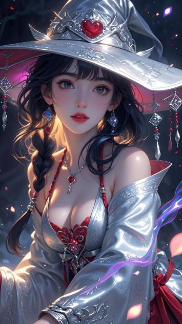 银冠红衣女巫插画，魔法光影交织梦幻场景