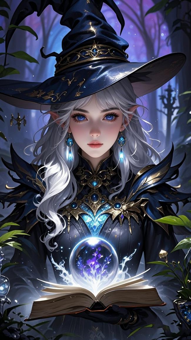 银发女巫持魔法书立于紫林幻境中