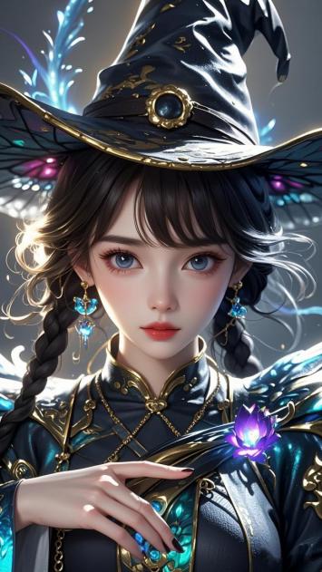 东方巫师少女写实肖像，魔法光效加持