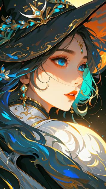 仙侠女巫赛璐璐插画，蓝眸鎏金华服