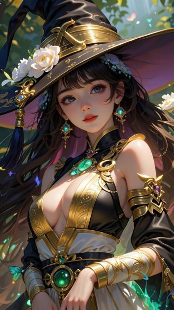黑金巫女立绘：奇幻森林中的魔法少女