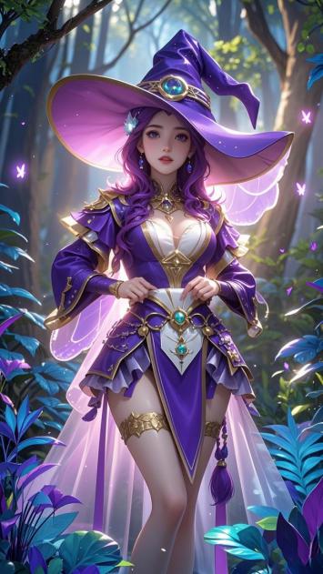 紫袍女巫立于魔法森林，蝴蝶飞舞梦幻场景