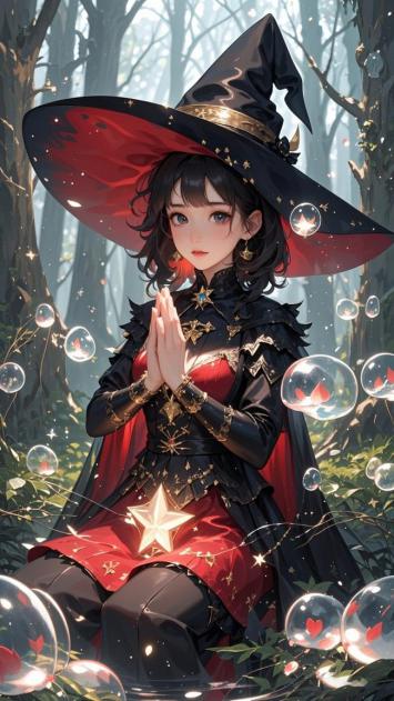 魔法少女巫师森林施法插画