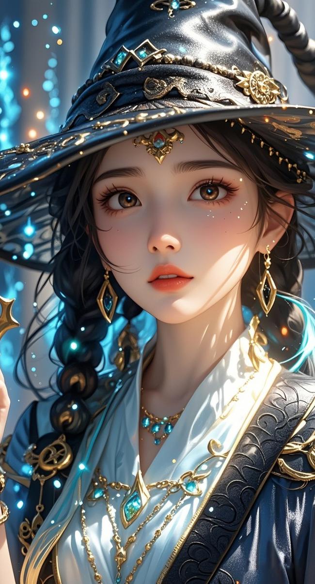 仙侠女巫特写：蓝金华服与星光魔法
