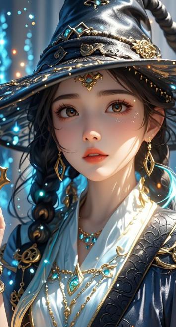 仙侠女巫特写：蓝金华服与星光魔法