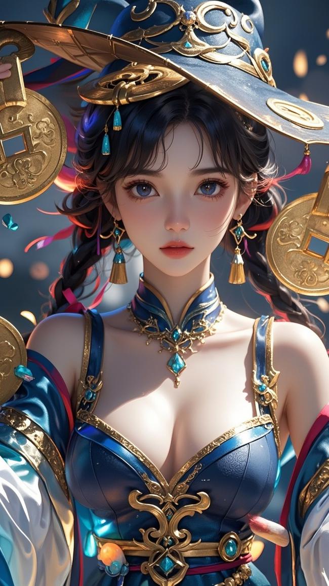 仙侠女神持币凝眸，蓝金华服耀目
