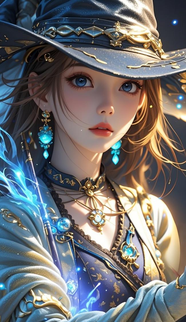 蓝金魔女角色肖像：奇幻魔法少女插画